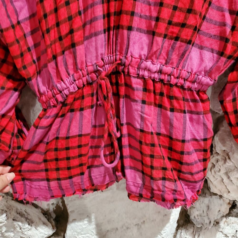 Free People Peplum Pacific Dawn Cinched Plaid Shirt Top Flannel XS New Women's - Picture 3 of 7